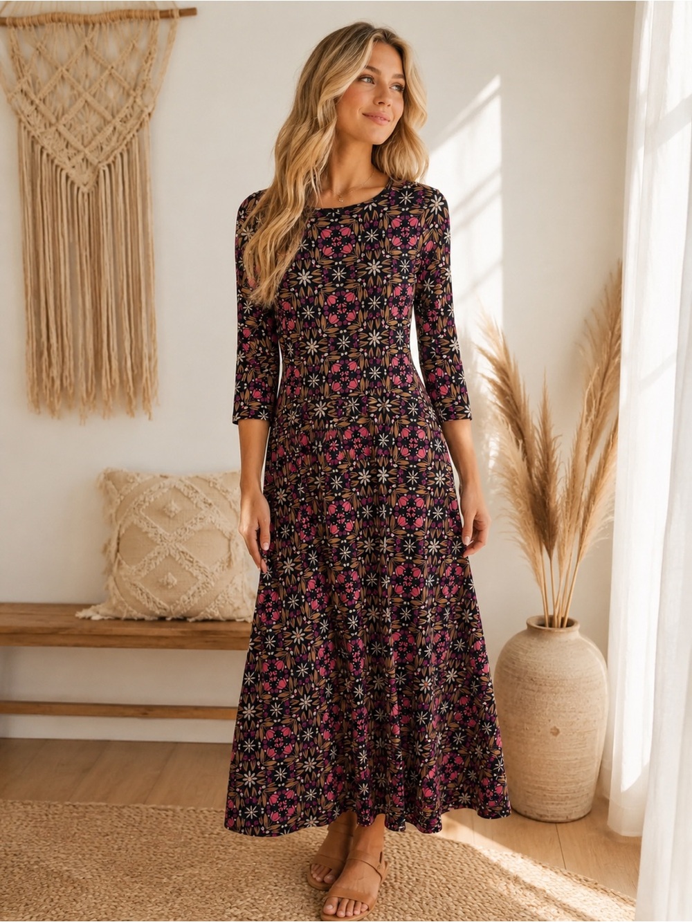 Mata Traders Black and Pink Floral Tile Maxi Dress